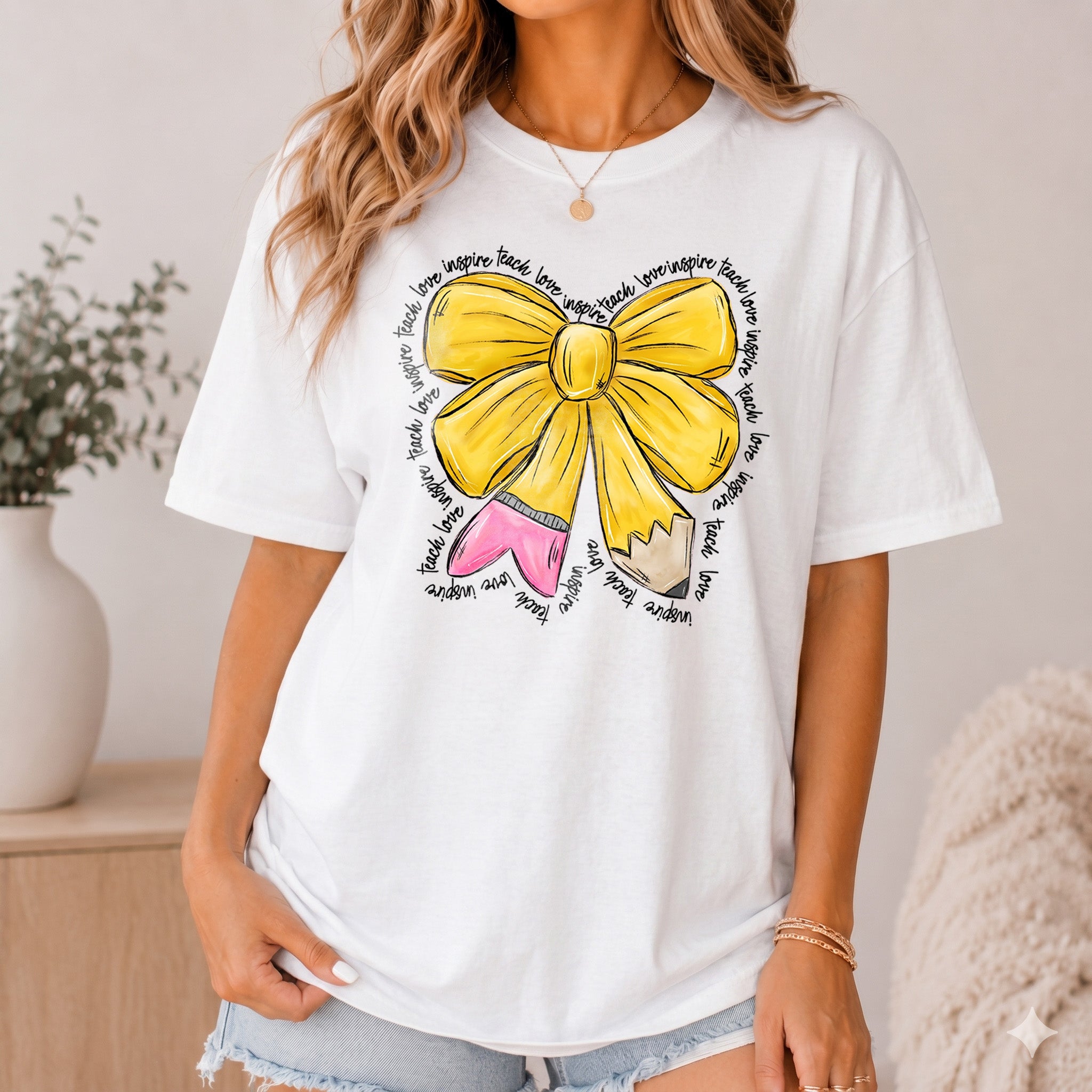 Bojjico Teach Love Inspire Pencil Bow Teachers Shirt Graphic Tee for Teachers Coquette Preppy Teacher Core Pastel Pink Cotton Back to School Teacher Appreciation Cute Outfit Oversized Comfort T-Shirt Gift for Educator 100 Days of School Retro Apparel