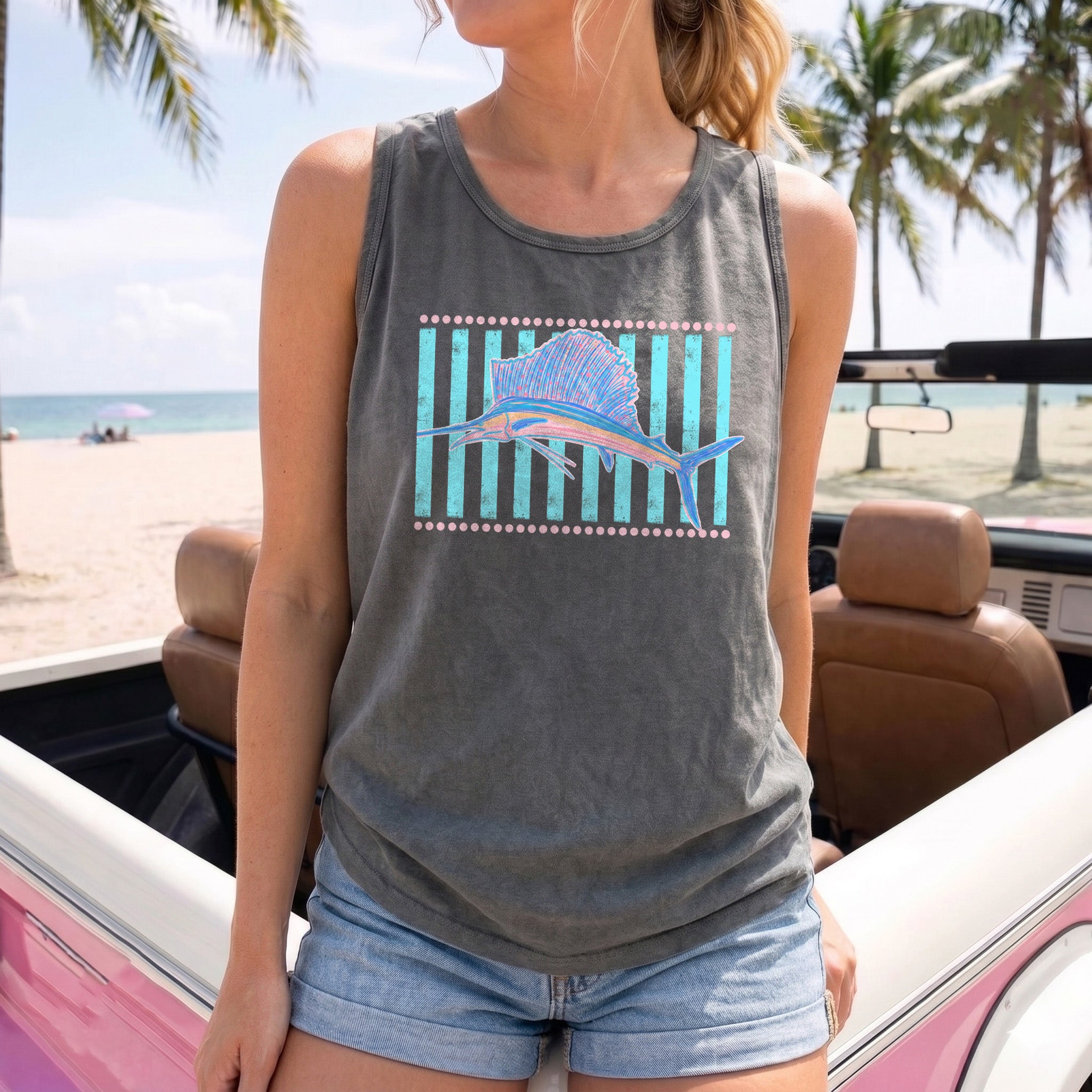 BojjiCo Retro Sailfish Shirt Tank Top for Men Coastal Tropical Beachcore Aesthetic Purple Cotton Teal Pink Graphic Deep Sea Fishing Beach Vacation Apparel Sleeveless Marlin Sportfishing Vintage Fisherman Dad Gifts Summer Graphic Tee