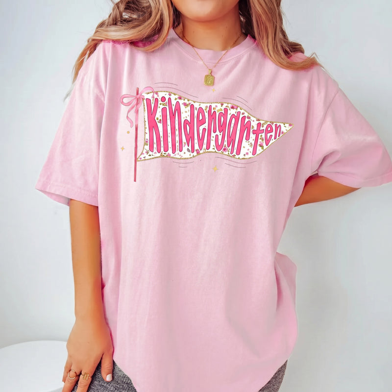 Bojjico Personalized Pre K Preschool Kindergarten 5th Grade Floral Pennant Teacher T Shirt for Women Teachers Preppy Girly Teachercore Aesthetic Mint Green Cotton Oversized Fit Back To School First Day Outfit Custom Grade Level Graphic Tee