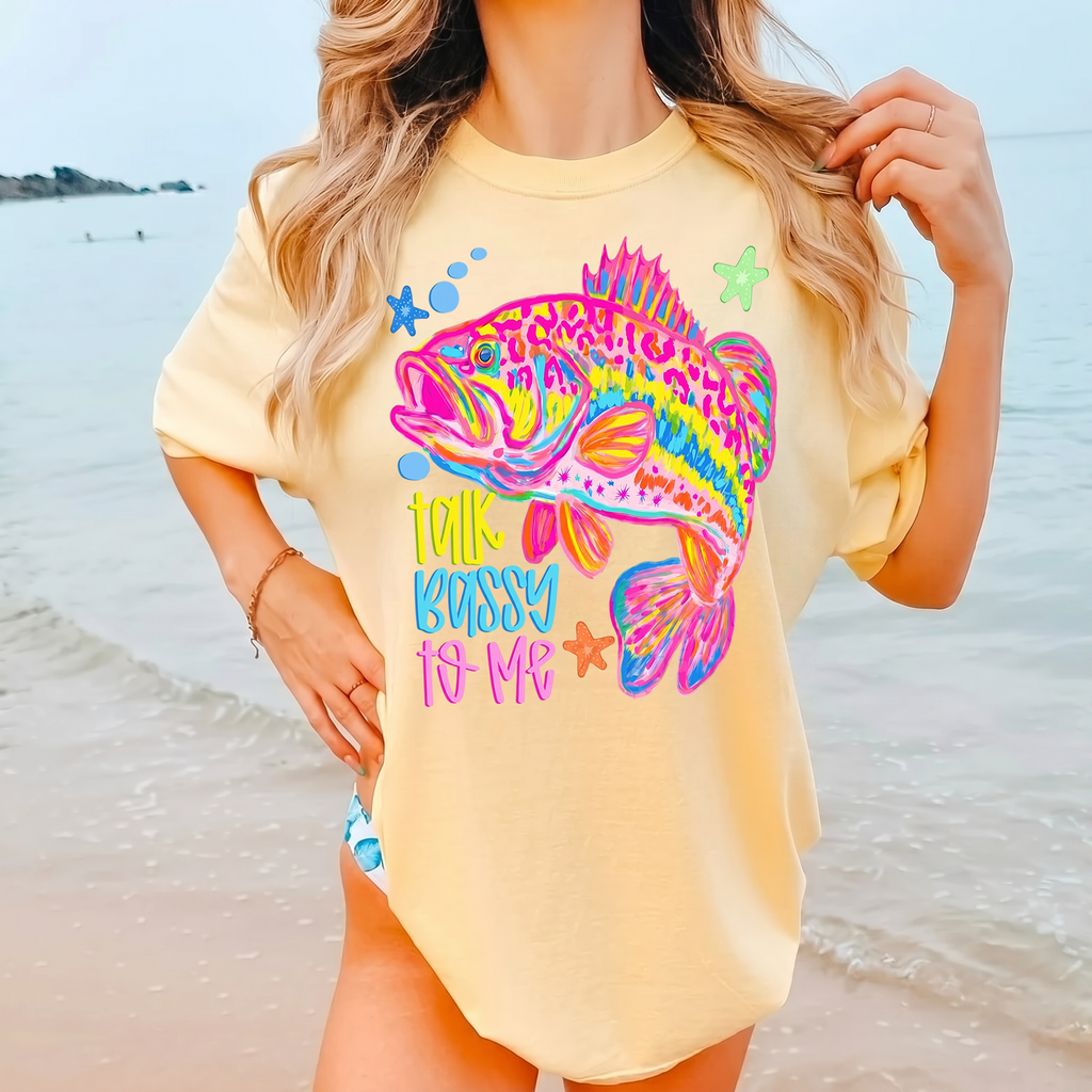 BojjiCo Talk Bassy To Me Meme Bass Fishing Shirt Neon Bass Fish Sublimation Tee Funny Fishing Graphic Beach Vacation T-Shirt Preppy Colorful Fish T-Shirt Design Trendy Fishing Oversized Top