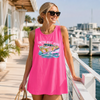 BojjiCo On The Boat Again Tank Top Women's Preppy Beachy Summer Sleeveless Shirt Blue Cotton Pink Gold Retro Speedboat Graphic Print Relaxed Fit Crew Neck Summer Apparel For Lake Life Boating Lifestyle Girls Trip Vacation Cruise Crew Outfit