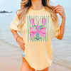 Preppy Bow Lobster T-Shirt Coastal Coquette Summer Vacation Oversized Graphic Tee Pink Green Watercolor Cabana Stripes Grandmillennial Beach Vacay Outfit Lake Fishing Short Sleeve Coastal Grandma Shirt