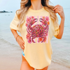 Leopard Print Crab Graphic Tee T-Shirt Preppy Coastal Summer Coquette Aesthetic Oversized Short Sleeve Crew Neck Floral Crab Graphic Top With Striped Background Seafood Lover Vacation Gift