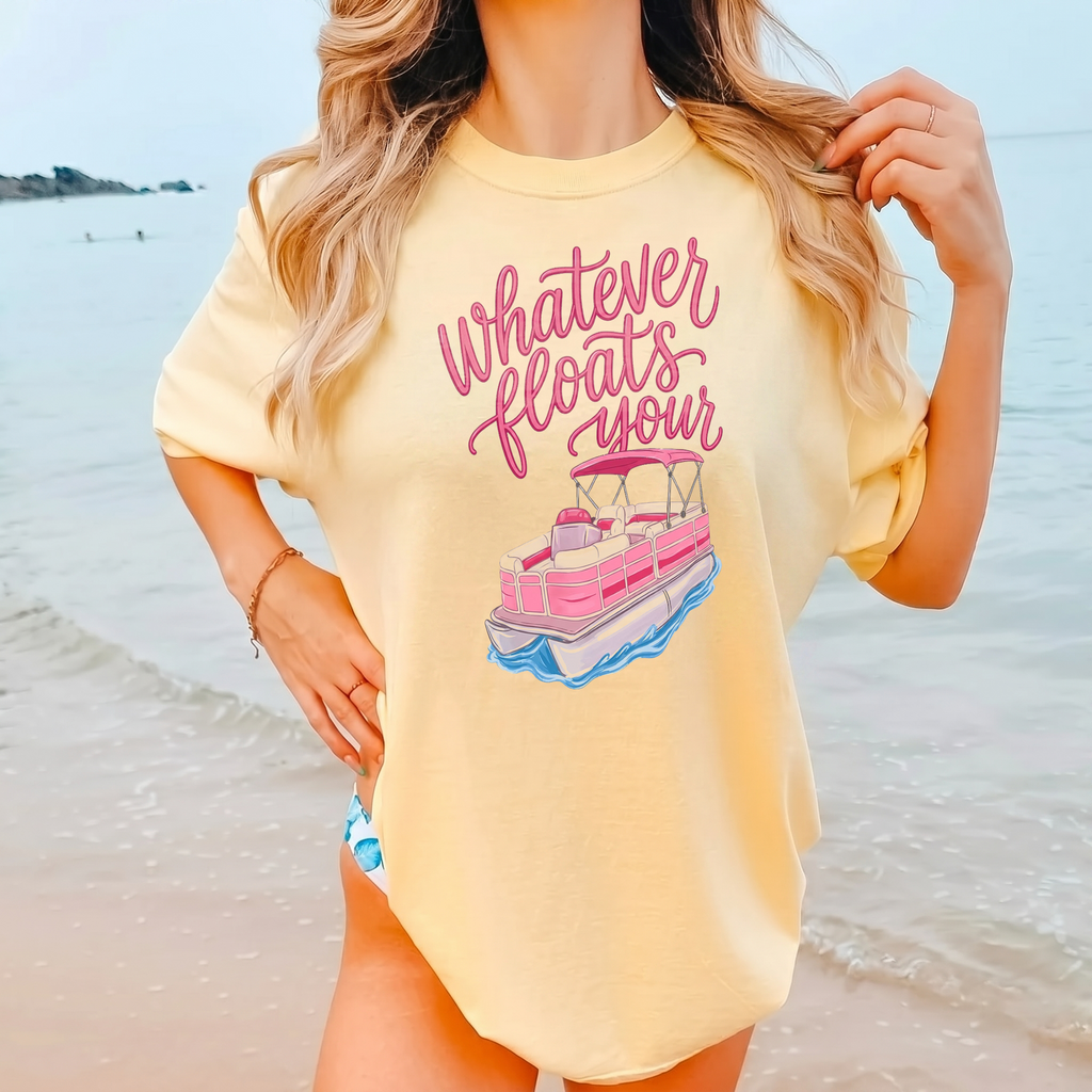 Whatever Floats Your Boat T-Shirt Graphic Tee Preppy Coastal Summer Oversized Fit Short Sleeve Crewneck T-Shirt Pink Blue Pontoon Boat Design Lake Days Vacation Top Floats Your Boat Graphic Top