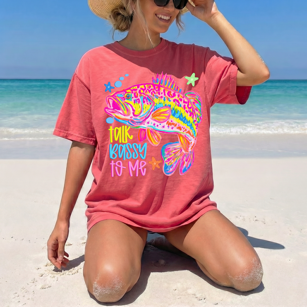 BojjiCo Talk Bassy To Me Meme Bass Fishing Shirt Neon Bass Fish Sublimation Tee Funny Fishing Graphic Beach Vacation T-Shirt Preppy Colorful Fish T-Shirt Design Trendy Fishing Oversized Top