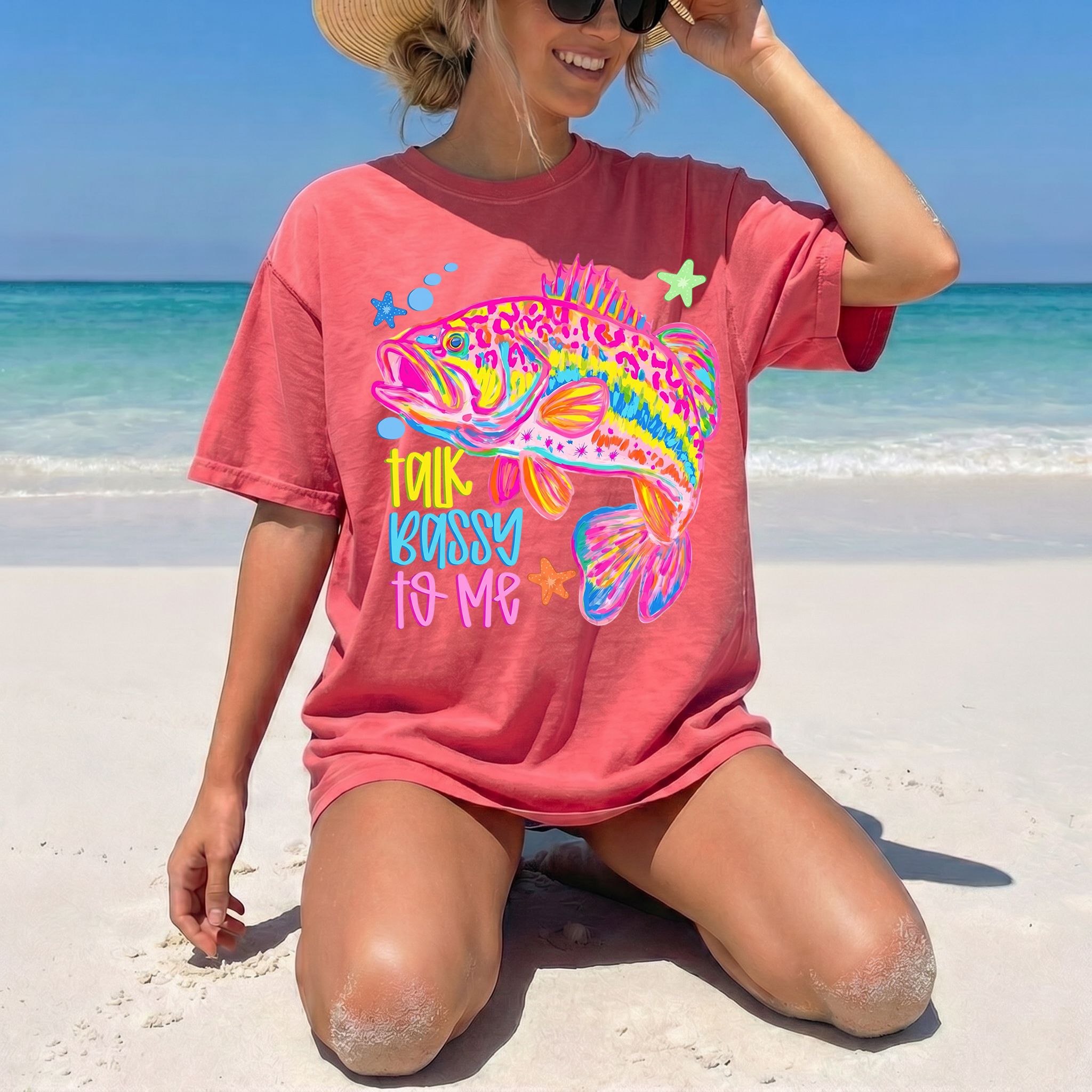 BojjiCo Talk Bassy To Me Meme Bass Fishing Shirt Neon Bass Fish Sublimation Tee Funny Fishing Graphic Beach Vacation T-Shirt Preppy Colorful Fish T-Shirt Design Trendy Fishing Oversized Top