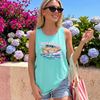 BojjiCo On The Boat Again Tank Top Women's Preppy Beachy Summer Sleeveless Shirt Blue Cotton Pink Gold Retro Speedboat Graphic Print Relaxed Fit Crew Neck Summer Apparel For Lake Life Boating Lifestyle Girls Trip Vacation Cruise Crew Outfit