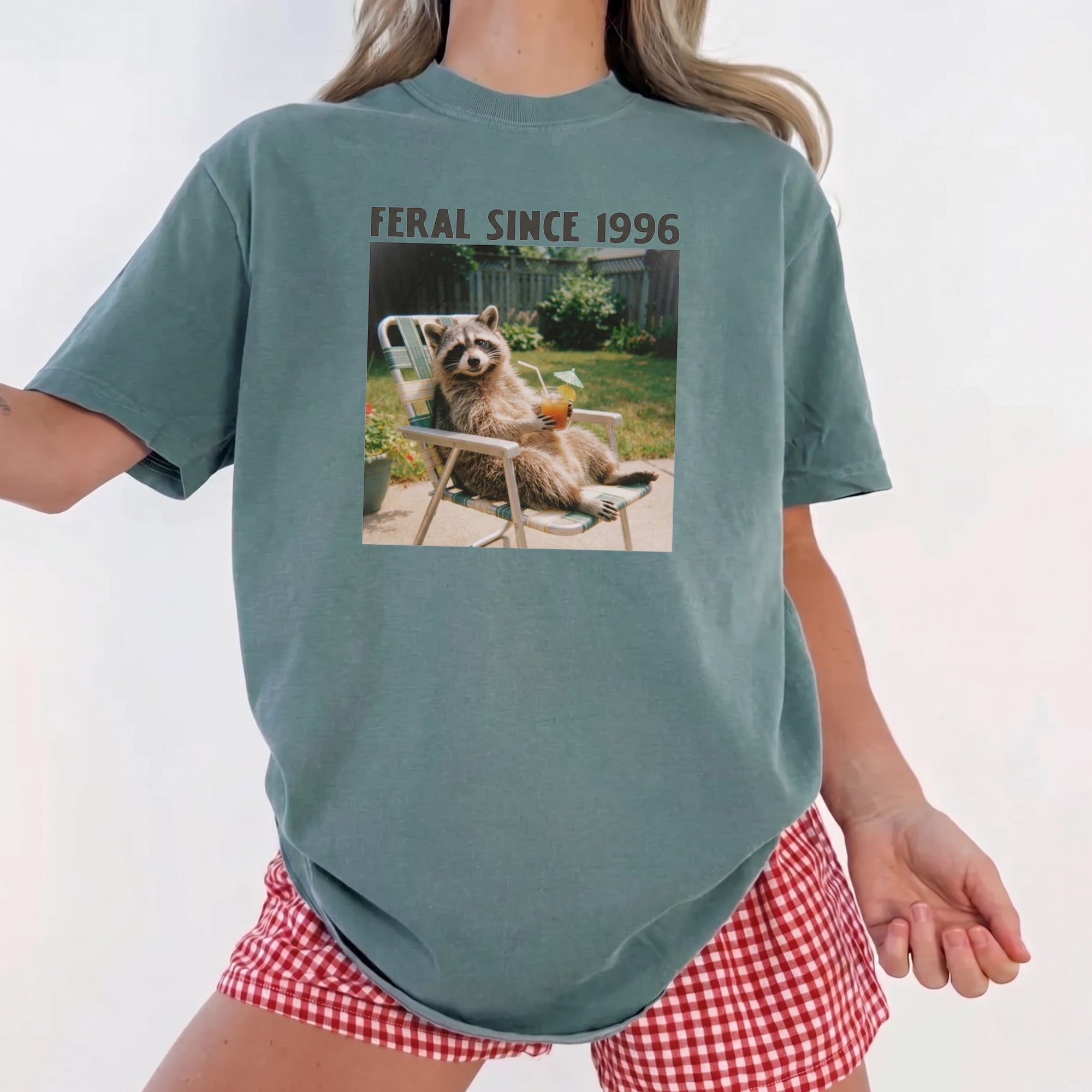 BojjiCo Funny Feral Since 1996 Raccoon Meme T-Shirt For Men Women Retro 90s Y2K Aesthetic Beige Heavyweight Cotton Oversized Tee Trash Panda Graphic Top Mental Health Humor Apparel Raccoon Trendy Gift Shirt
