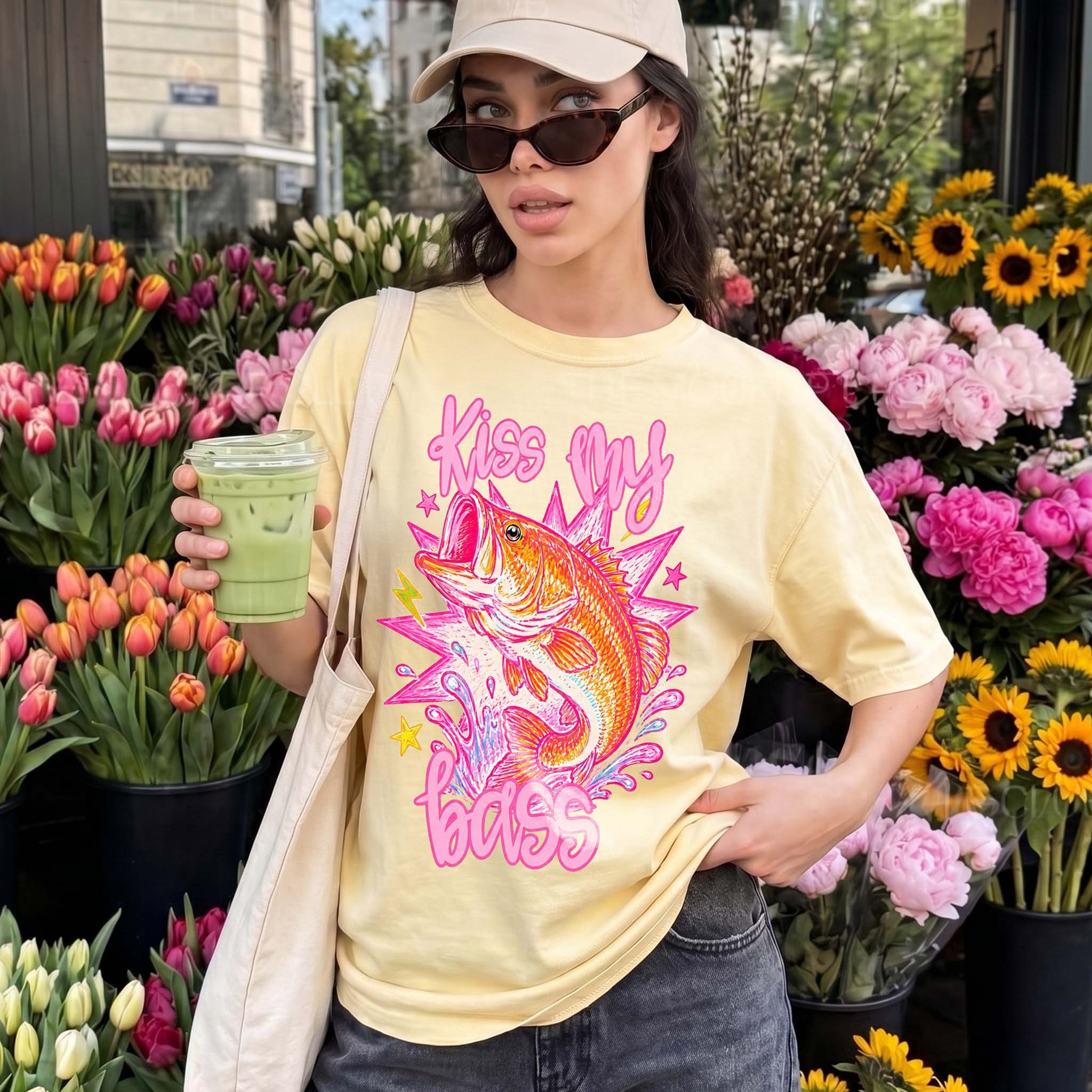 BojjiCo Kiss My Bass Funny Fishing Graphic T-Shirt For Women Preppy Coastal Lake Aesthetic Summer Outfit White Cotton Y2K Retro Pastel Neon Fish Tee Largemouth Bass Angler Gift For Her Trendy Novelty Fishing Apparel