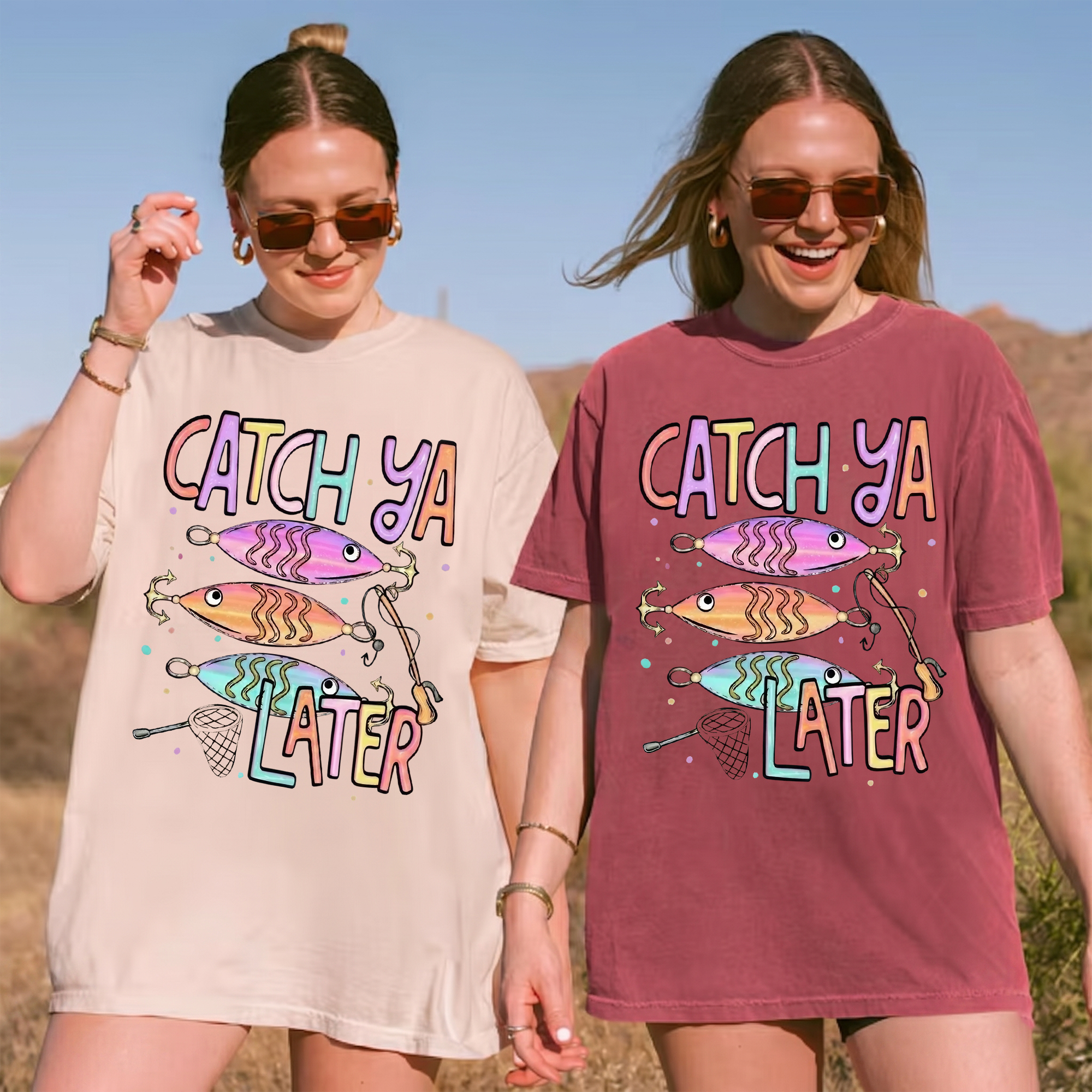 BojjiCo Catch Ya Later Fishing Shirt Pastel Fishing Summer Fishing Shirt Design Graphic Tee Preppy Coastal Lake Stripes Design Summer Vacation Aesthetic T-Shirt for Women Cute Outdoors Lake Life Clothing