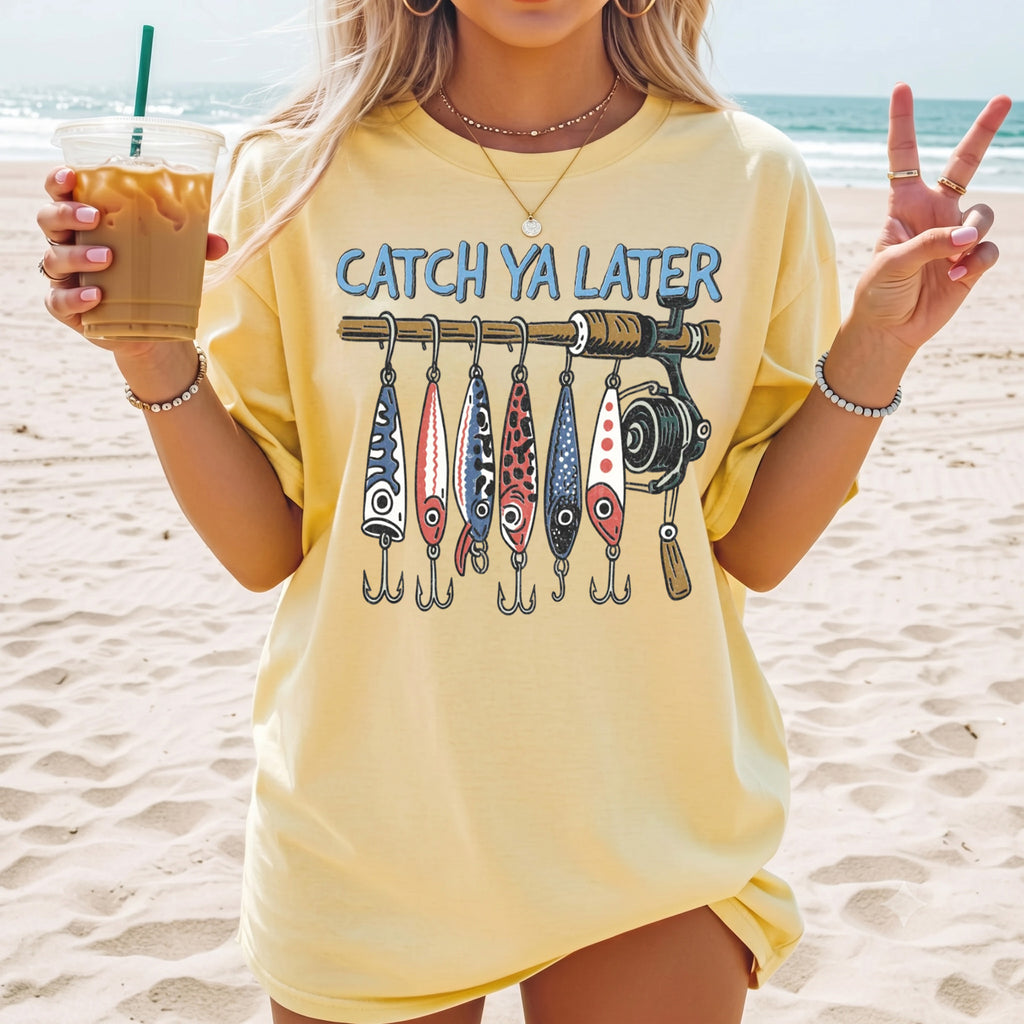BojjiCo Catch Ya Later Fishing T-Shirt Funny Fishing Lures Graphic Tee Retro Fisherman Gifted Trendy Summer Beach Shirt Oversized Aesthetic Cute Outdoor Fish T-Shirt for Women