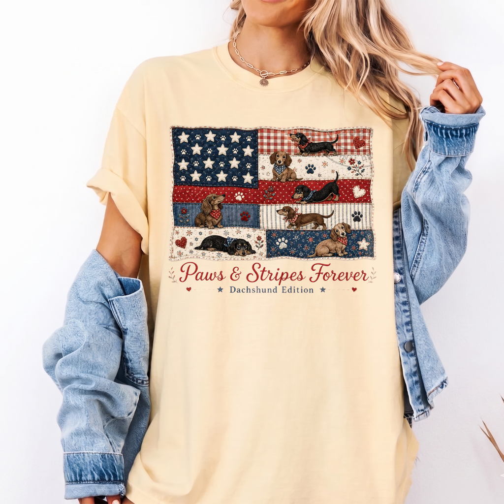 BojjiCo Paws And Stripes Forever Dachshund Edition Graphic T-Shirt For Women And Dog Moms Patriotic Americana Preppy Aesthetic Cream Cotton Tee 4th Of July USA American Flag Wiener Dog Independence Day Summer Humor Gift Shirt