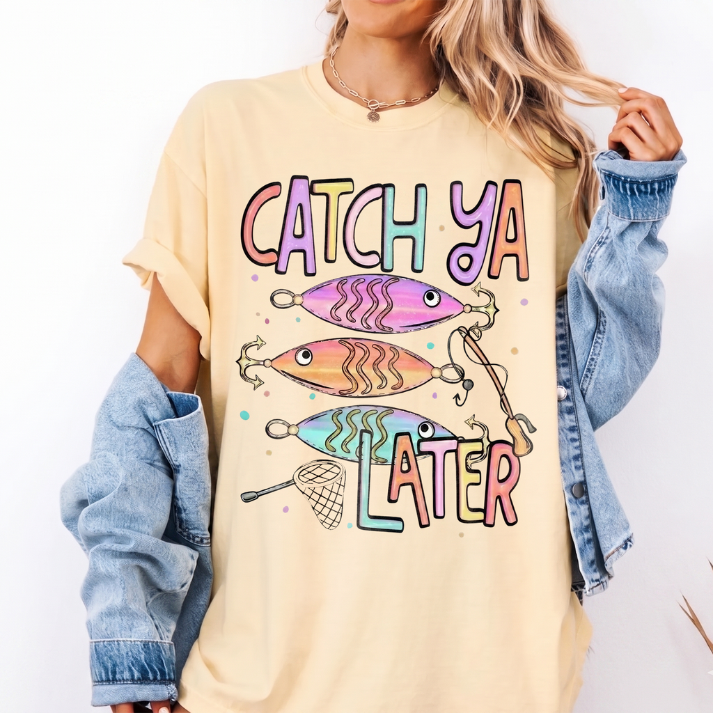 BojjiCo Catch Ya Later Fishing Shirt Pastel Fishing Summer Fishing Shirt Design Graphic Tee Preppy Coastal Lake Stripes Design Summer Vacation Aesthetic T-Shirt for Women Cute Outdoors Lake Life Clothing