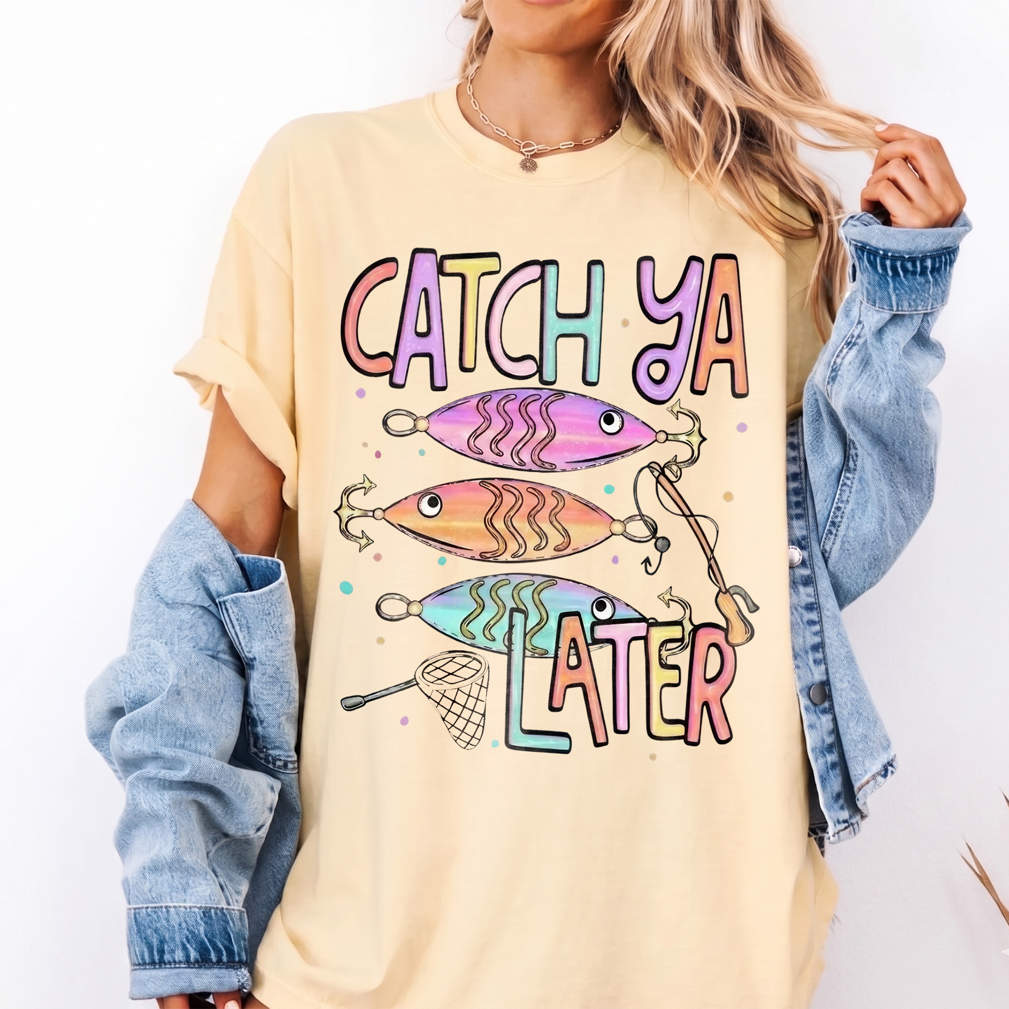 BojjiCo Catch Ya Later Fishing Shirt Pastel Fishing Summer Fishing Shirt Design Graphic Tee Preppy Coastal Lake Stripes Design Summer Vacation Aesthetic T-Shirt for Women Cute Outdoors Lake Life Clothing