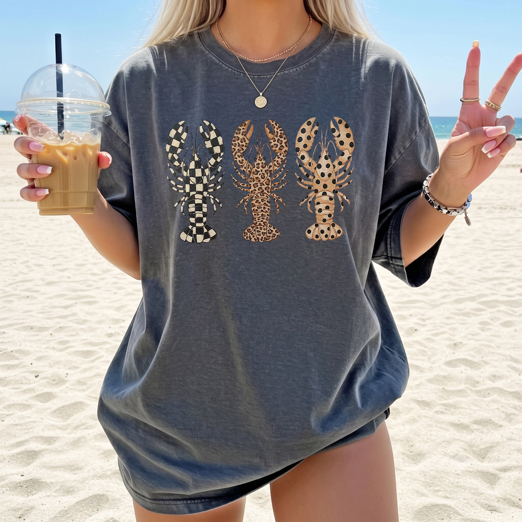 Preppy Patterned Lobster Graphic Tee T-Shirt Coastal Grandmother Beachy Aesthetic Summer Vacation Breathable Blend Oversized Fit Short Sleeve Top Leopard Checkerboard Polka Dot Print