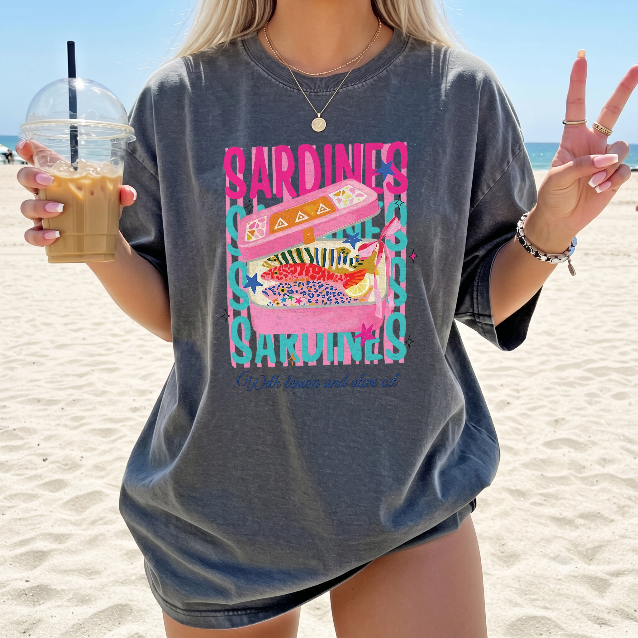Sardines With Lemon And Olive Oil Graphic T-Shirt Oversized Graphic Tee For European Summer Quirky Coastal Preppy Aesthetic Mediterranean Vibes Light Yellow Cotton Blend Pink Blue Print Vintage Tinned Fish Fashion Beach Cover Up Retro Food Shirt