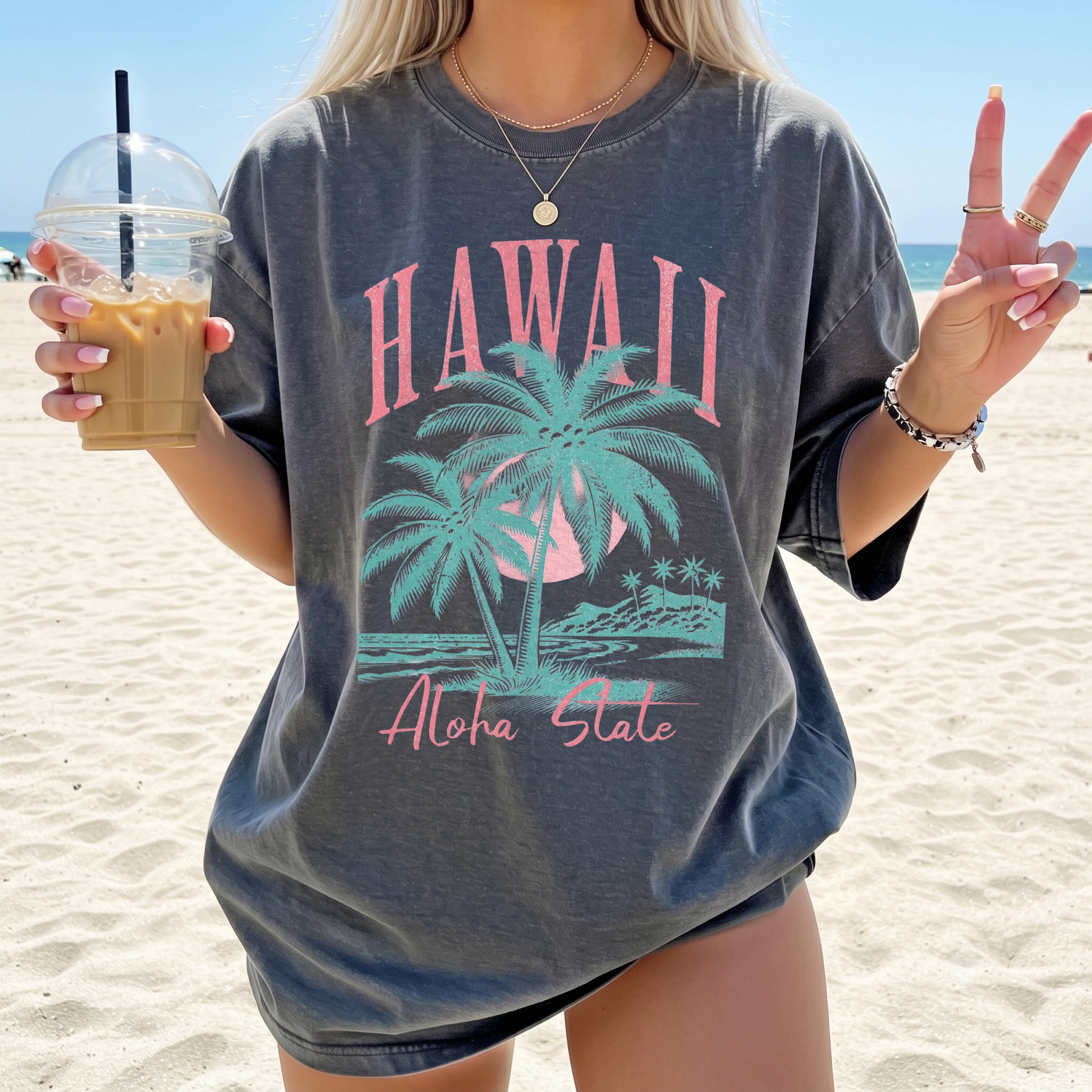 BojjiCo Hawaii Shirt Aloha State Shirt Trendy Summer Tees Retro Summer Shirt Hawaiian Shirt Cute Coconut Tree Top Beach Tee Beach Lover Gifted Graphic T-Shirt Oversized Aesthetic Pastel Top