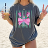 Preppy Bow Lobster T-Shirt Coastal Coquette Summer Vacation Oversized Graphic Tee Pink Green Watercolor Cabana Stripes Grandmillennial Beach Vacay Outfit Lake Fishing Short Sleeve Coastal Grandma Shirt