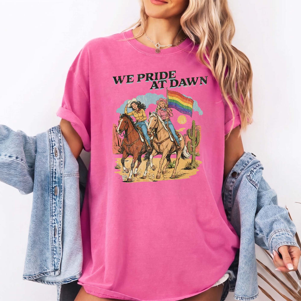 BojjiCo We Pride At Dawn T-Shirt Vintage Western Cowgirl Horse Riding Graphic Tee LGBTQ Rainbow Flag Pride Month Desert Cactus Cream Ivory TShirt Retro Southern Country Gay Lesbian Ally Gift Women Men Casual Aesthetic Short Sleeve Top