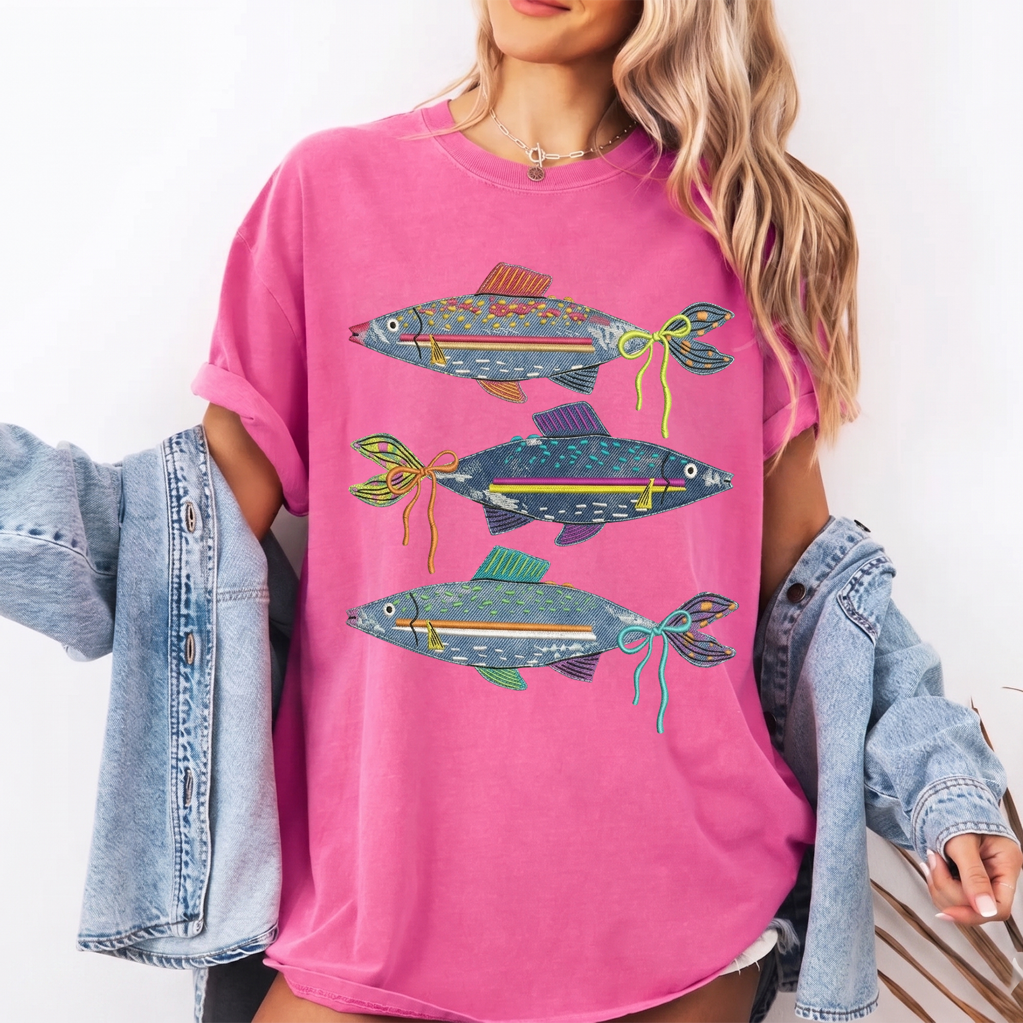 Bojjico Women's Preppy Denim Fish Shirt Coquette Bow Oversized Graphic T-Shirt Colorful Maximalist Summer Vacation Beach Tee Pink Cotton Blend Funny Fishing Top Casual Loose Fit Short Sleeve Coastal Aesthetic Trendy Outfit
