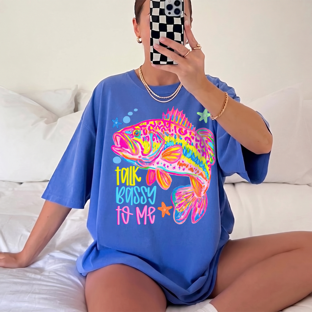 BojjiCo Talk Bassy To Me Meme Bass Fishing Shirt Neon Bass Fish Sublimation Tee Funny Fishing Graphic Beach Vacation T-Shirt Preppy Colorful Fish T-Shirt Design Trendy Fishing Oversized Top