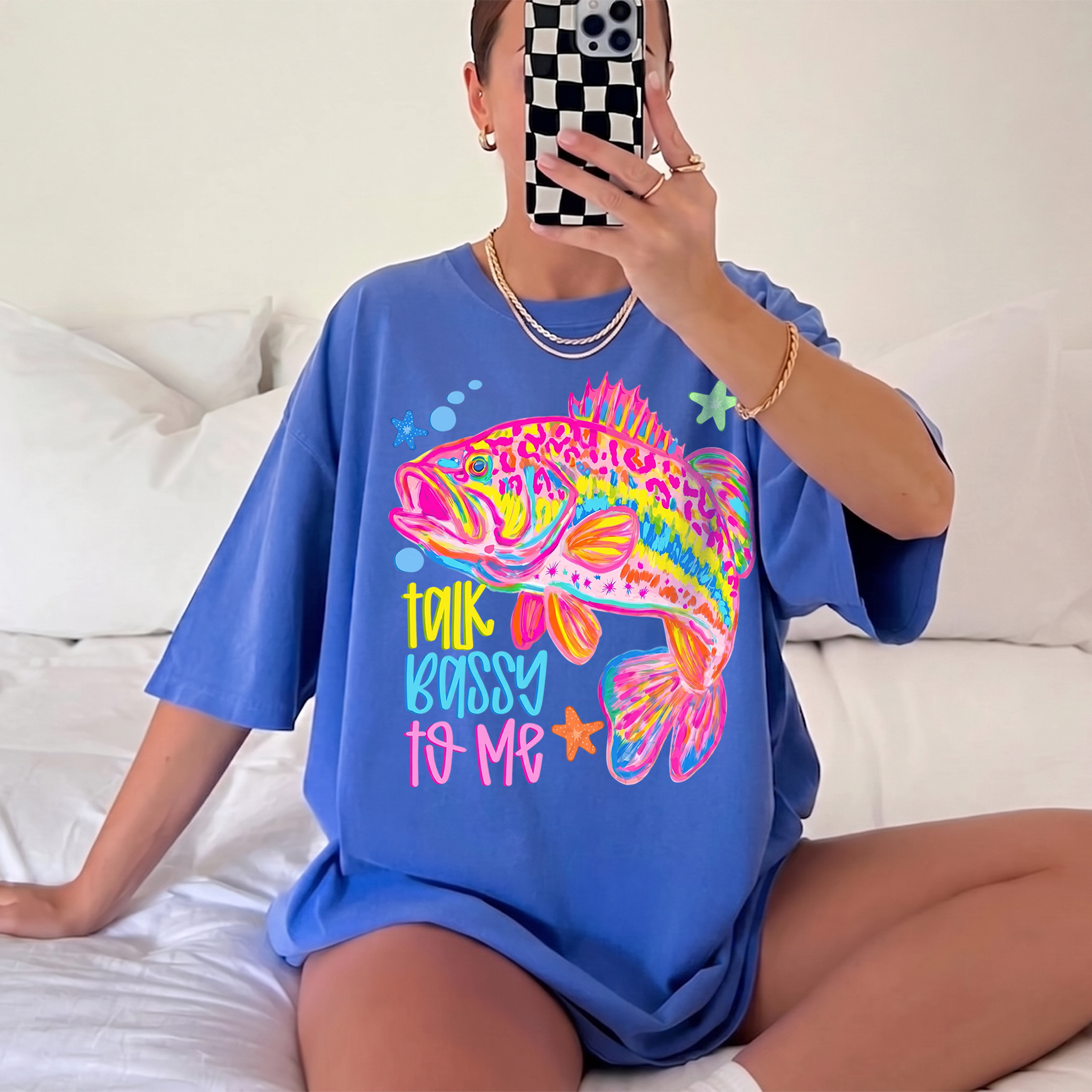 BojjiCo Talk Bassy To Me Meme Bass Fishing Shirt Neon Bass Fish Sublimation Tee Funny Fishing Graphic Beach Vacation T-Shirt Preppy Colorful Fish T-Shirt Design Trendy Fishing Oversized Top