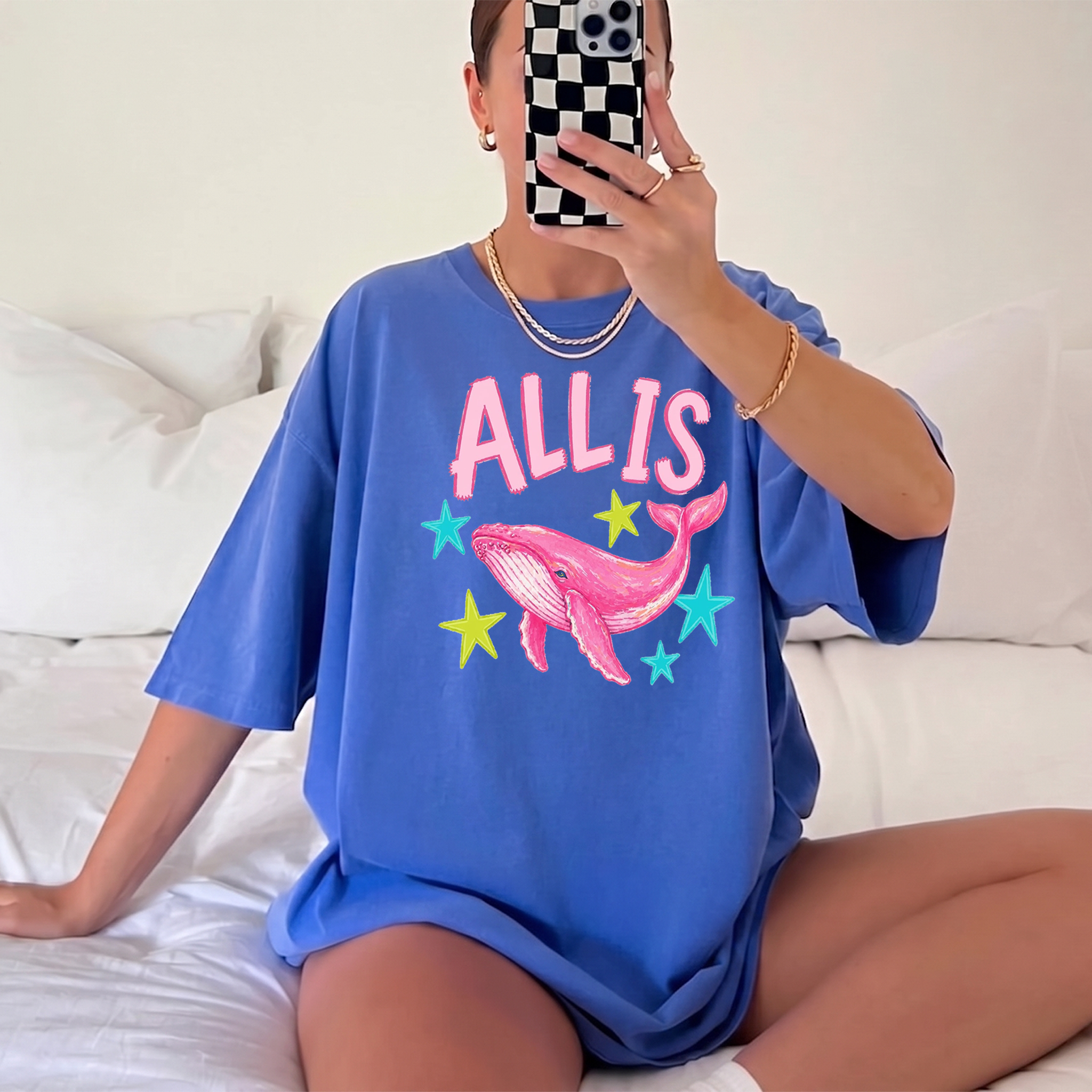 All Is Whale Oversized Graphic T-Shirt Y2K Preppy Casual Aesthetic Blend  Graphic Top Star Print Short Sleeve Bikini Cover Cute Summer Everyday Style Loungewear Biker Shorts Outfit