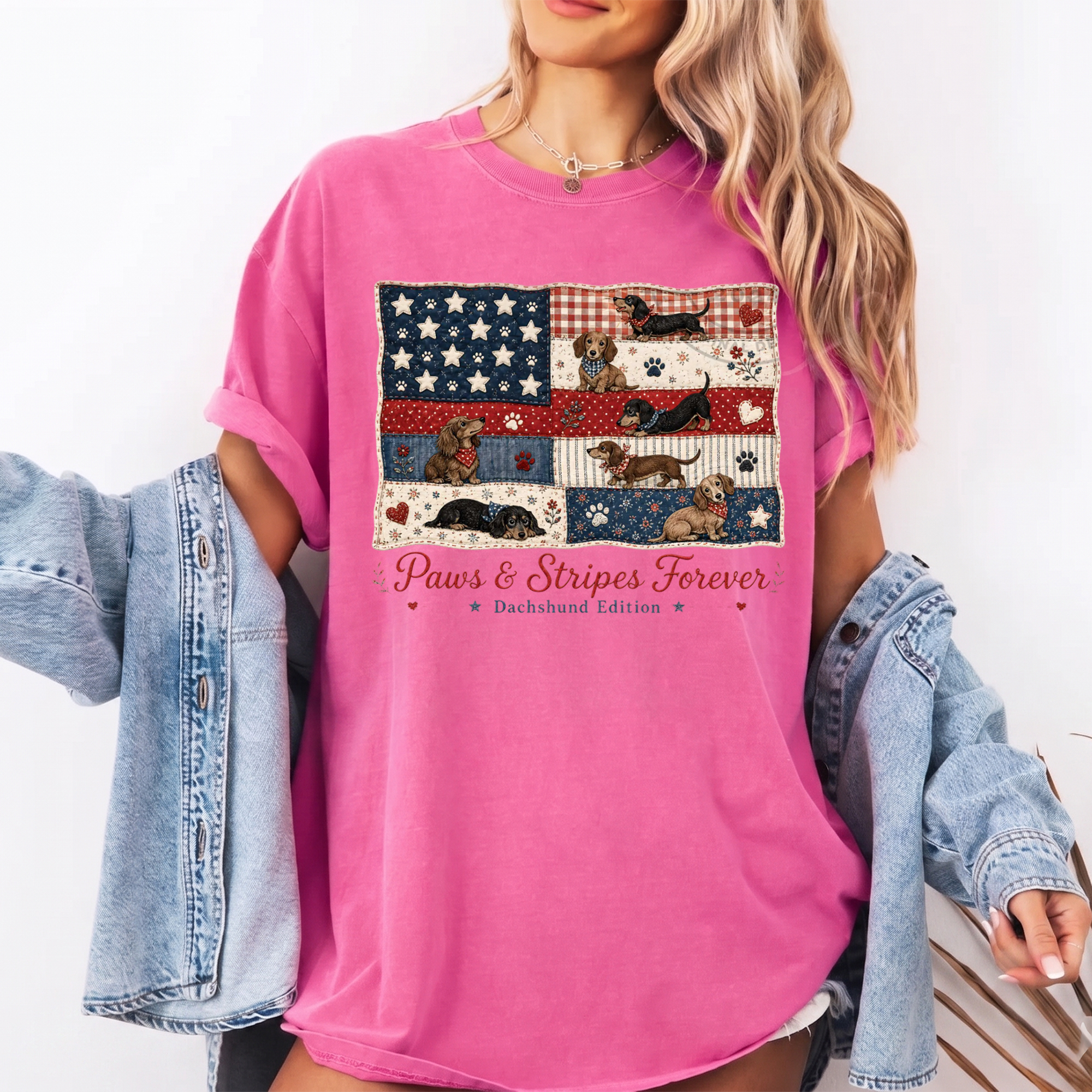 BojjiCo Paws And Stripes Forever Dachshund Edition Graphic T-Shirt For Women And Dog Moms Patriotic Americana Preppy Aesthetic Cream Cotton Tee 4th Of July USA American Flag Wiener Dog Independence Day Summer Humor Gift Shirt