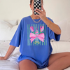 Preppy Bow Lobster T-Shirt Coastal Coquette Summer Vacation Oversized Graphic Tee Pink Green Watercolor Cabana Stripes Grandmillennial Beach Vacay Outfit Lake Fishing Short Sleeve Coastal Grandma Shirt