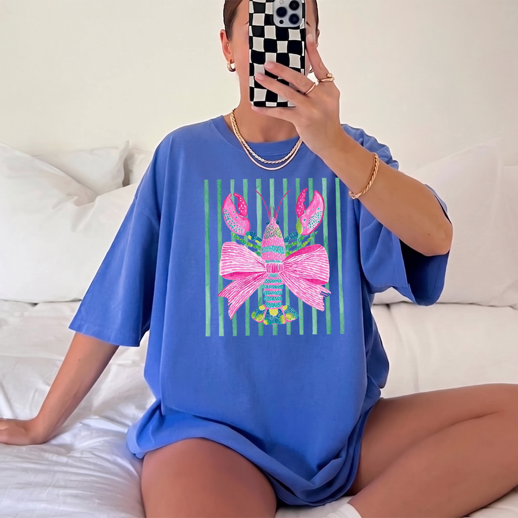 Preppy Bow Lobster T-Shirt Coastal Coquette Summer Vacation Oversized Graphic Tee Pink Green Watercolor Cabana Stripes Grandmillennial Beach Vacay Outfit Lake Fishing Short Sleeve Coastal Grandma Shirt