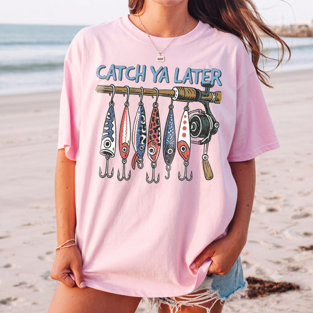 BojjiCo Catch Ya Later Fishing T-Shirt Funny Fishing Lures Graphic Tee Retro Fisherman Gifted Trendy Summer Beach Shirt Oversized Aesthetic Cute Outdoor Fish T-Shirt for Women