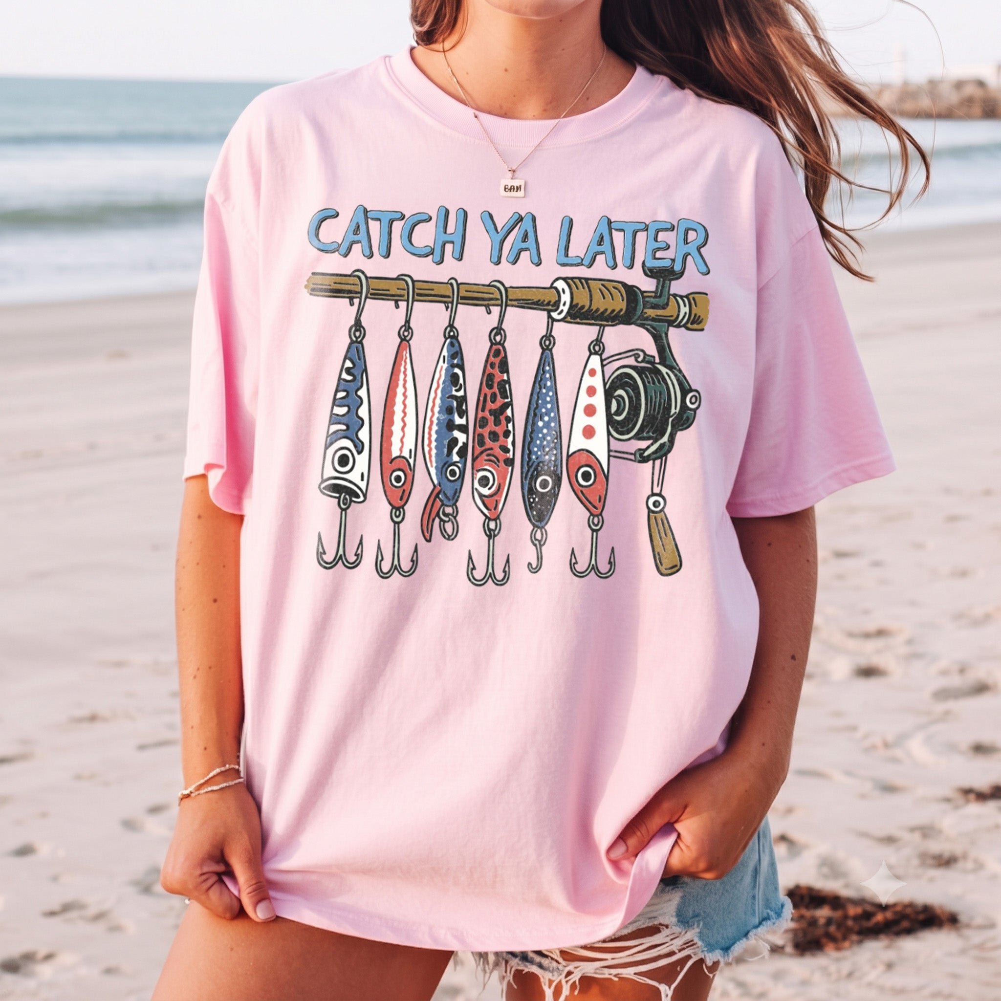 BojjiCo Catch Ya Later Fishing T-Shirt Funny Fishing Lures Graphic Tee Retro Fisherman Gifted Trendy Summer Beach Shirt Oversized Aesthetic Cute Outdoor Fish T-Shirt for Women