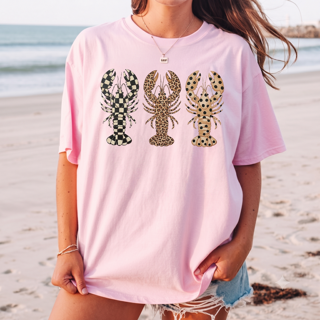 Preppy Patterned Lobster Graphic Tee T-Shirt Coastal Grandmother Beachy Aesthetic Summer Vacation Breathable Blend Oversized Fit Short Sleeve Top Leopard Checkerboard Polka Dot Print