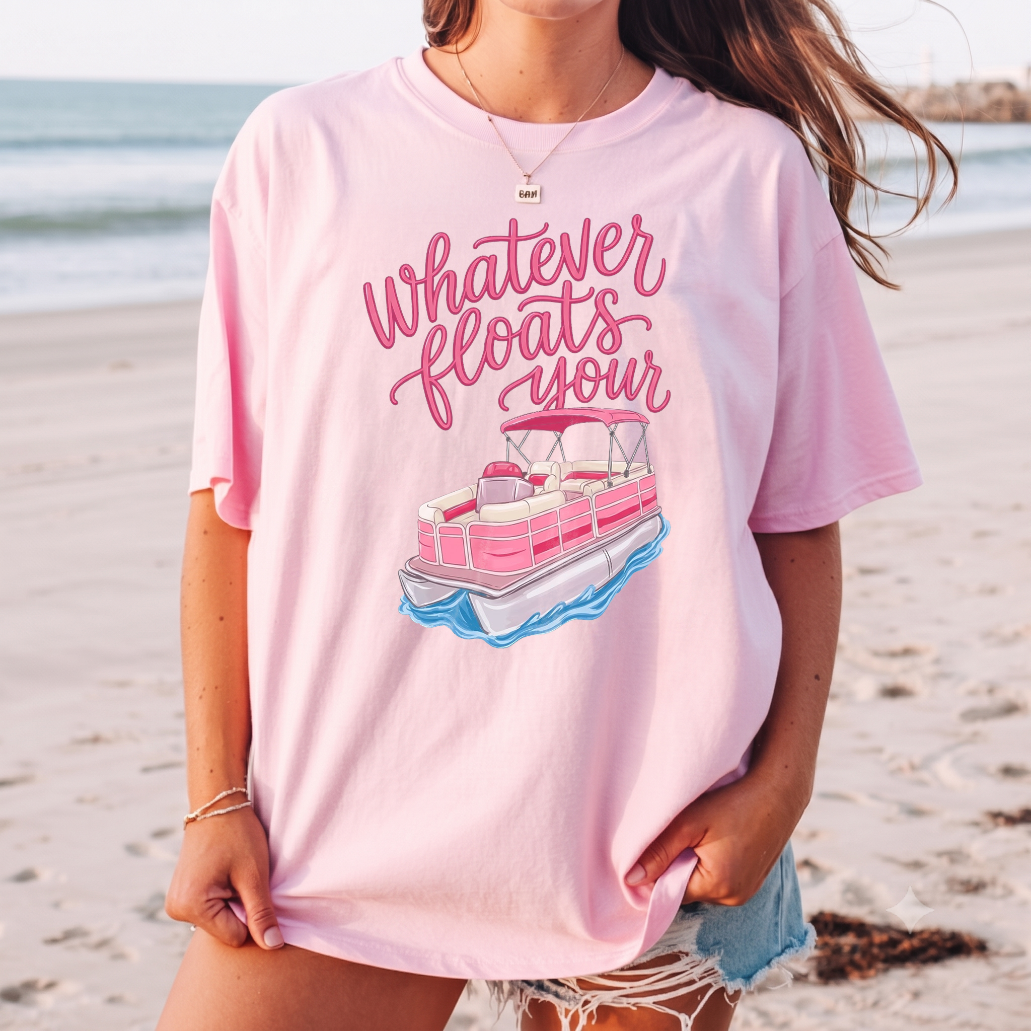 Whatever Floats Your Boat T-Shirt Graphic Tee Preppy Coastal Summer Oversized Fit Short Sleeve Crewneck T-Shirt Pink Blue Pontoon Boat Design Lake Days Vacation Top Floats Your Boat Graphic Top