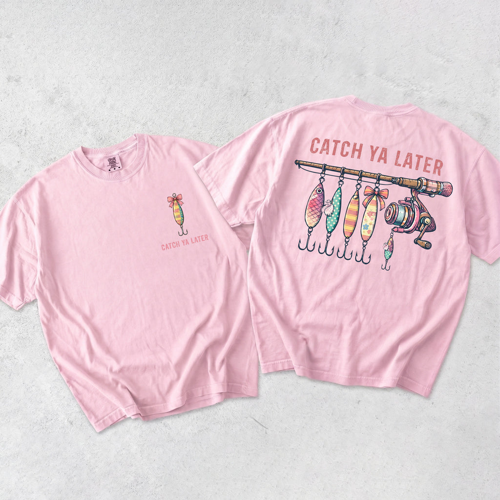 BojjiCo Catcher Ya Later Fishing T-Shirt Cute Catch Ya Later Graphic Tee Coquette Fishing Lures Rod Retro Women Fisherman Gift Trendy Summer Beach Oversized T-Shirt Aesthetic Funny Pink Fishing Rod Bow Shirt