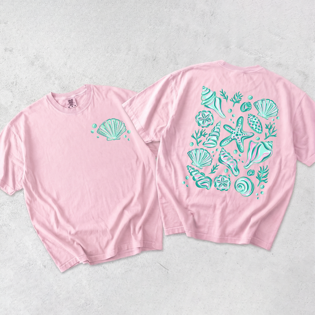 Seashell Girl Trip Graphic Tee T-Shirt For Beachcore Preppy Coastal Aesthetic Cotton Front And Back Coastal Beach Shell Print Vacation Summer Tee Shirt Starfish Top