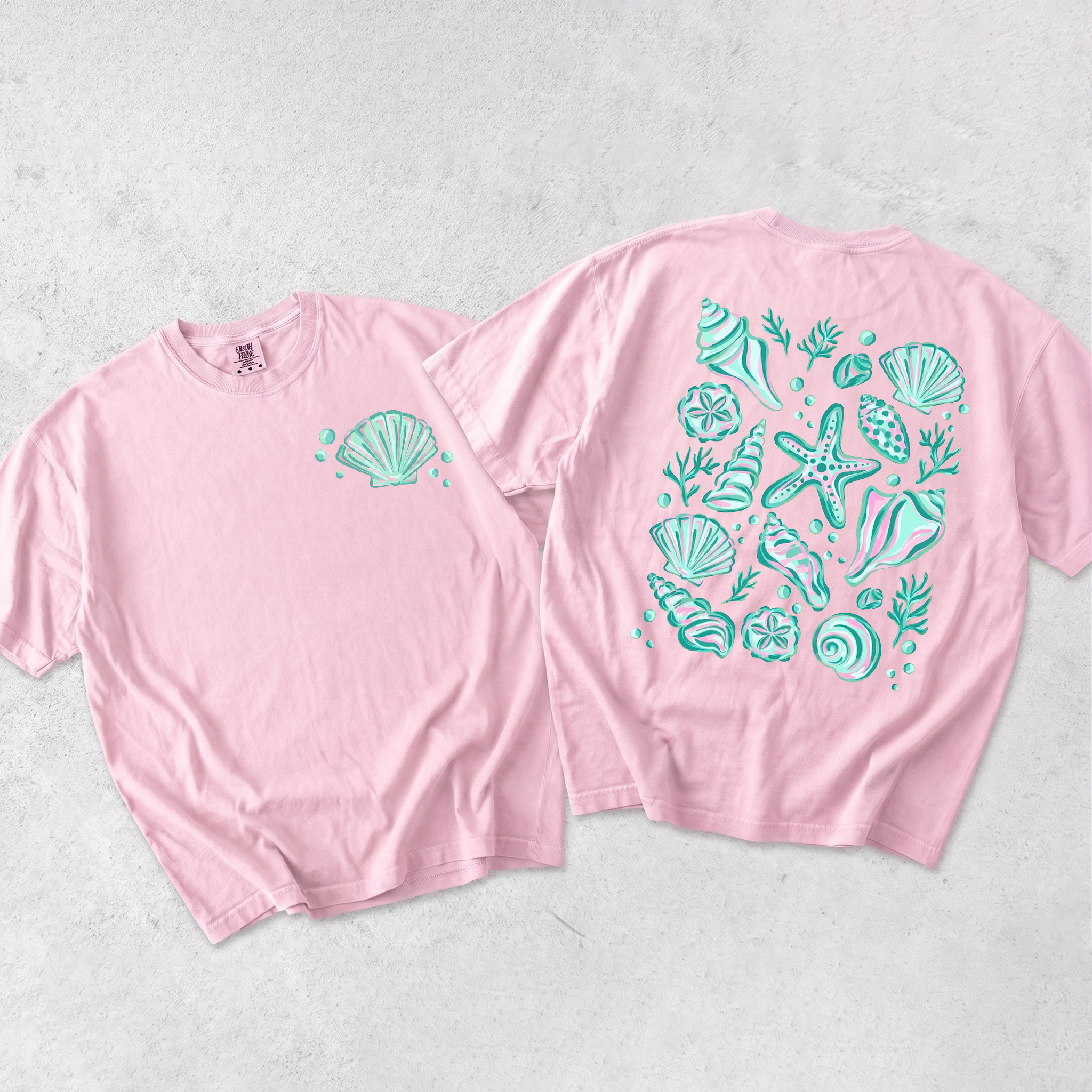Seashell Girl Trip Graphic Tee T-Shirt For Beachcore Preppy Coastal Aesthetic Cotton Front And Back Coastal Beach Shell Print Vacation Summer Tee Shirt Starfish Top
