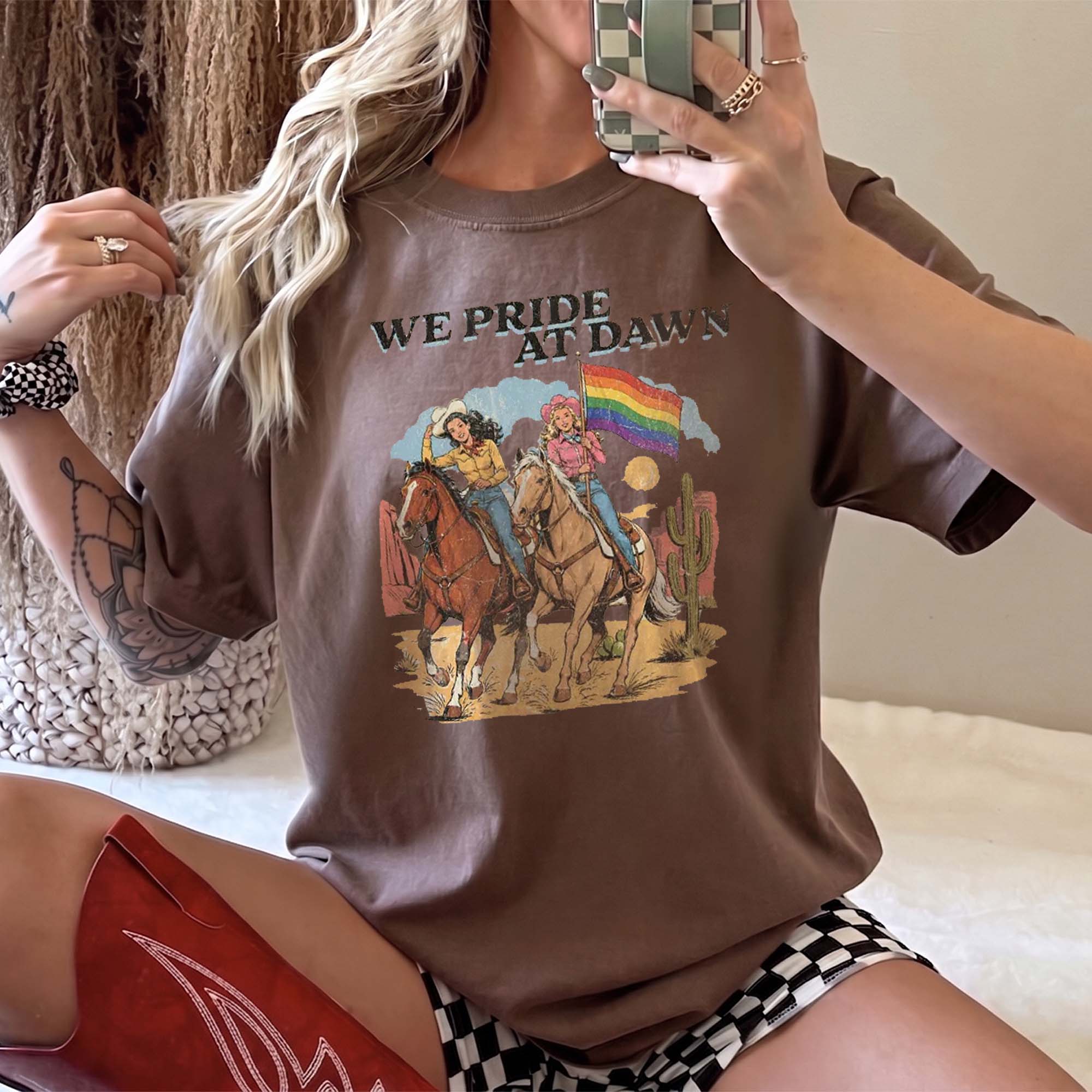 BojjiCo We Pride At Dawn T-Shirt Vintage Western Cowgirl Horse Riding Graphic Tee LGBTQ Rainbow Flag Pride Month Desert Cactus Cream Ivory TShirt Retro Southern Country Gay Lesbian Ally Gift Women Men Casual Aesthetic Short Sleeve Top