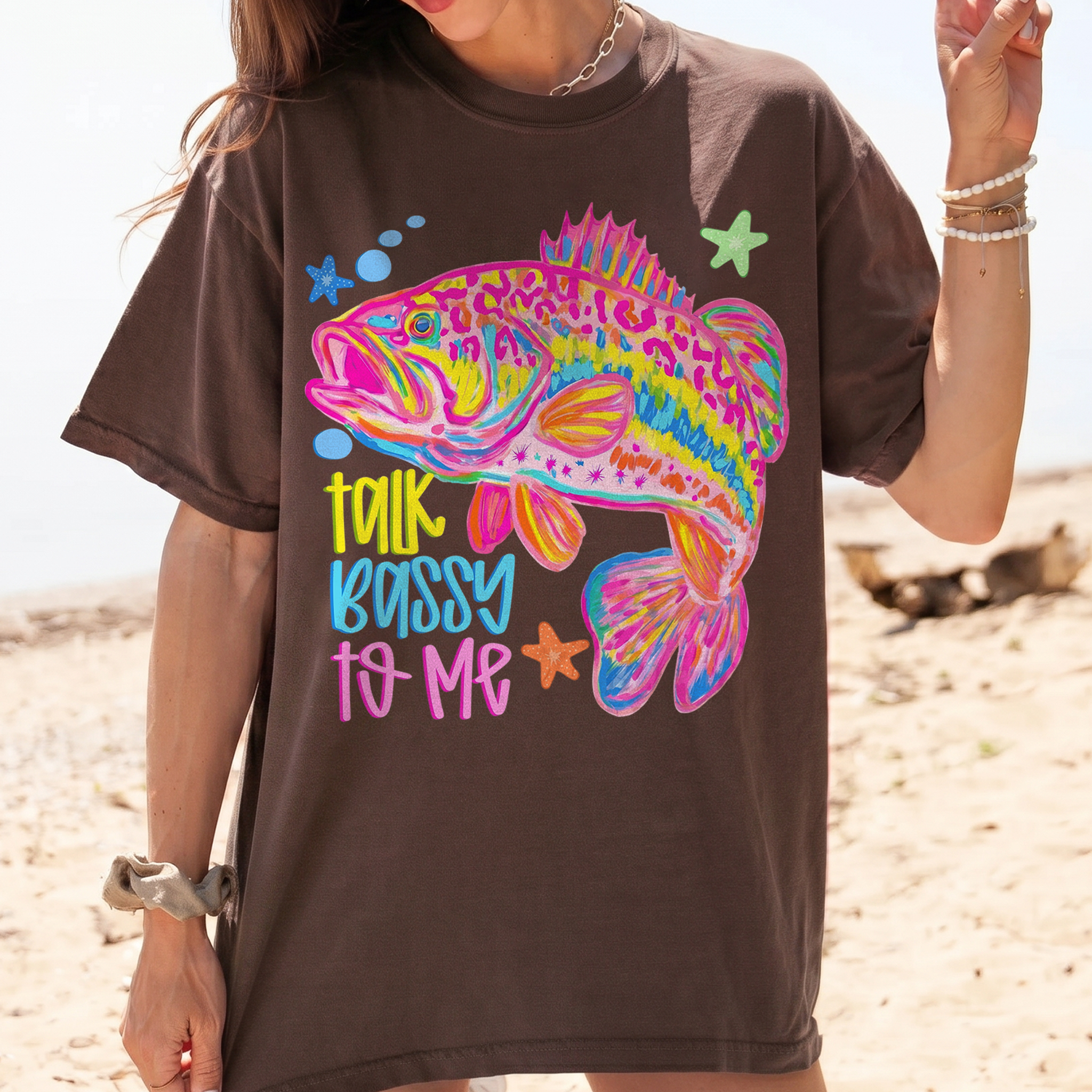 BojjiCo Talk Bassy To Me Meme Bass Fishing Shirt Neon Bass Fish Sublimation Tee Funny Fishing Graphic Beach Vacation T-Shirt Preppy Colorful Fish T-Shirt Design Trendy Fishing Oversized Top