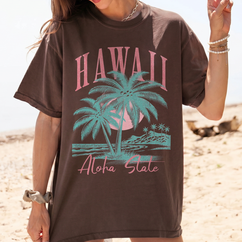 BojjiCo Hawaii Shirt Aloha State Shirt Trendy Summer Tees Retro Summer Shirt Hawaiian Shirt Cute Coconut Tree Top Beach Tee Beach Lover Gifted Graphic T-Shirt Oversized Aesthetic Pastel Top