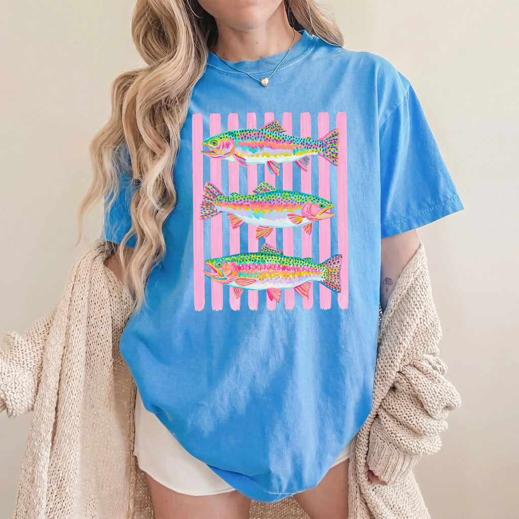 BojjiCo Preppy Summer Rainbow Trout Fishing Graphic T-Shirt for Women Oversized Coastal Beach Retro Fish Shirt Bright Pastel Mint Cotton Tee Maximalist Outdoor Girls Fish Too Apparel Trendy Summer Vacation Outfit Top