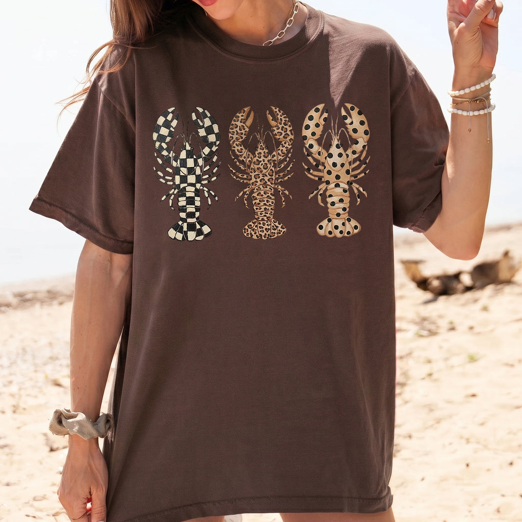Preppy Patterned Lobster Graphic Tee T-Shirt Coastal Grandmother Beachy Aesthetic Summer Vacation Breathable Blend Oversized Fit Short Sleeve Top Leopard Checkerboard Polka Dot Print