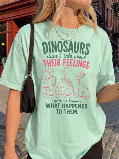 BojjiCo Funny Dinosaurs Didn't Talk About Their Feelings Graphic Tee Oversized T-Shirt for Women Men Retro Mental Health Awareness Mint Green Cotton School Counselor Shirt Social Worker Therapist Back to School Top