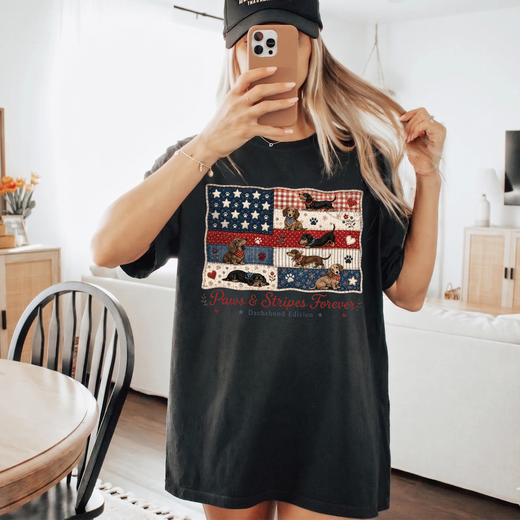 BojjiCo Paws And Stripes Forever Dachshund Edition Graphic T-Shirt For Women And Dog Moms Patriotic Americana Preppy Aesthetic Cream Cotton Tee 4th Of July USA American Flag Wiener Dog Independence Day Summer Humor Gift Shirt
