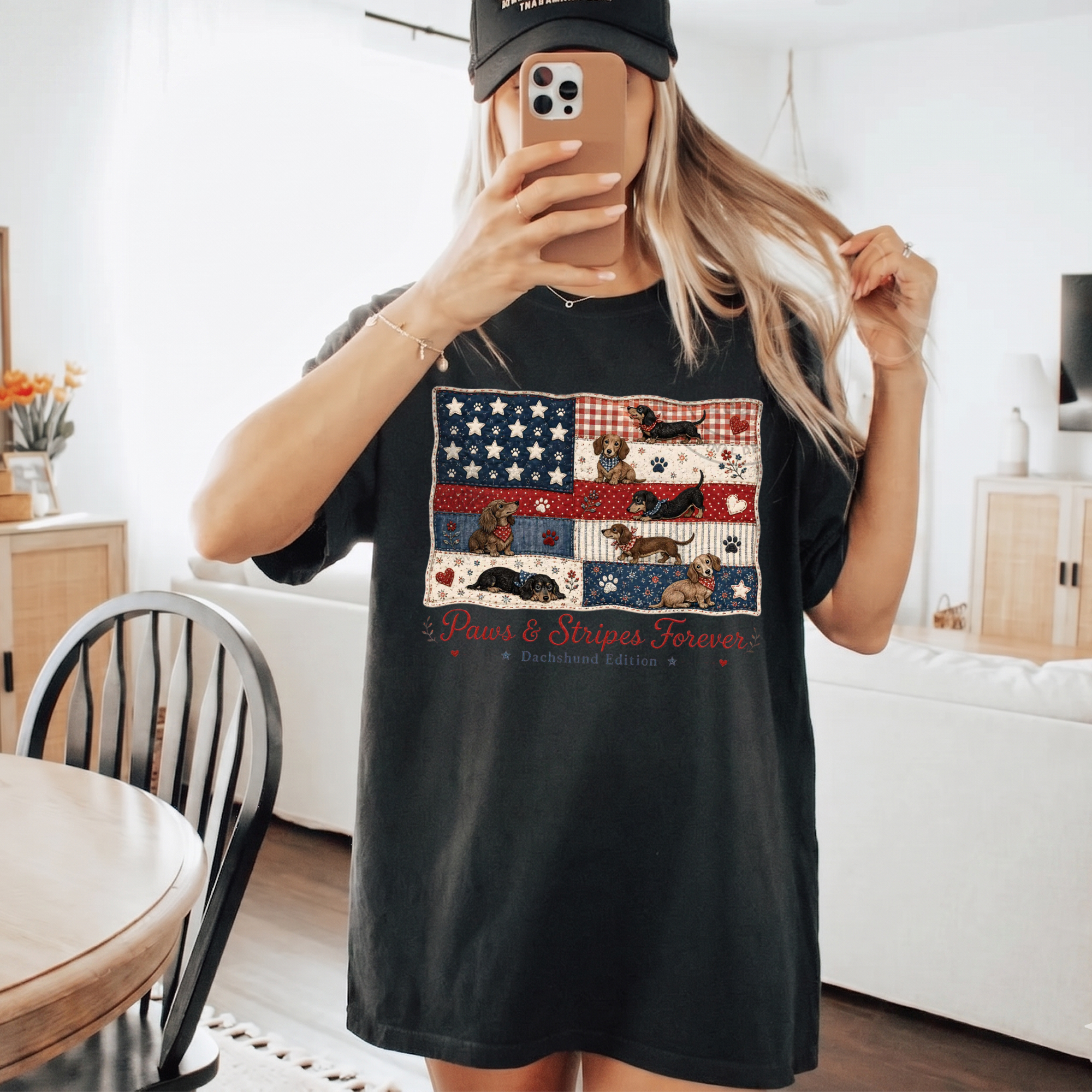 BojjiCo Paws And Stripes Forever Dachshund Edition Graphic T-Shirt For Women And Dog Moms Patriotic Americana Preppy Aesthetic Cream Cotton Tee 4th Of July USA American Flag Wiener Dog Independence Day Summer Humor Gift Shirt