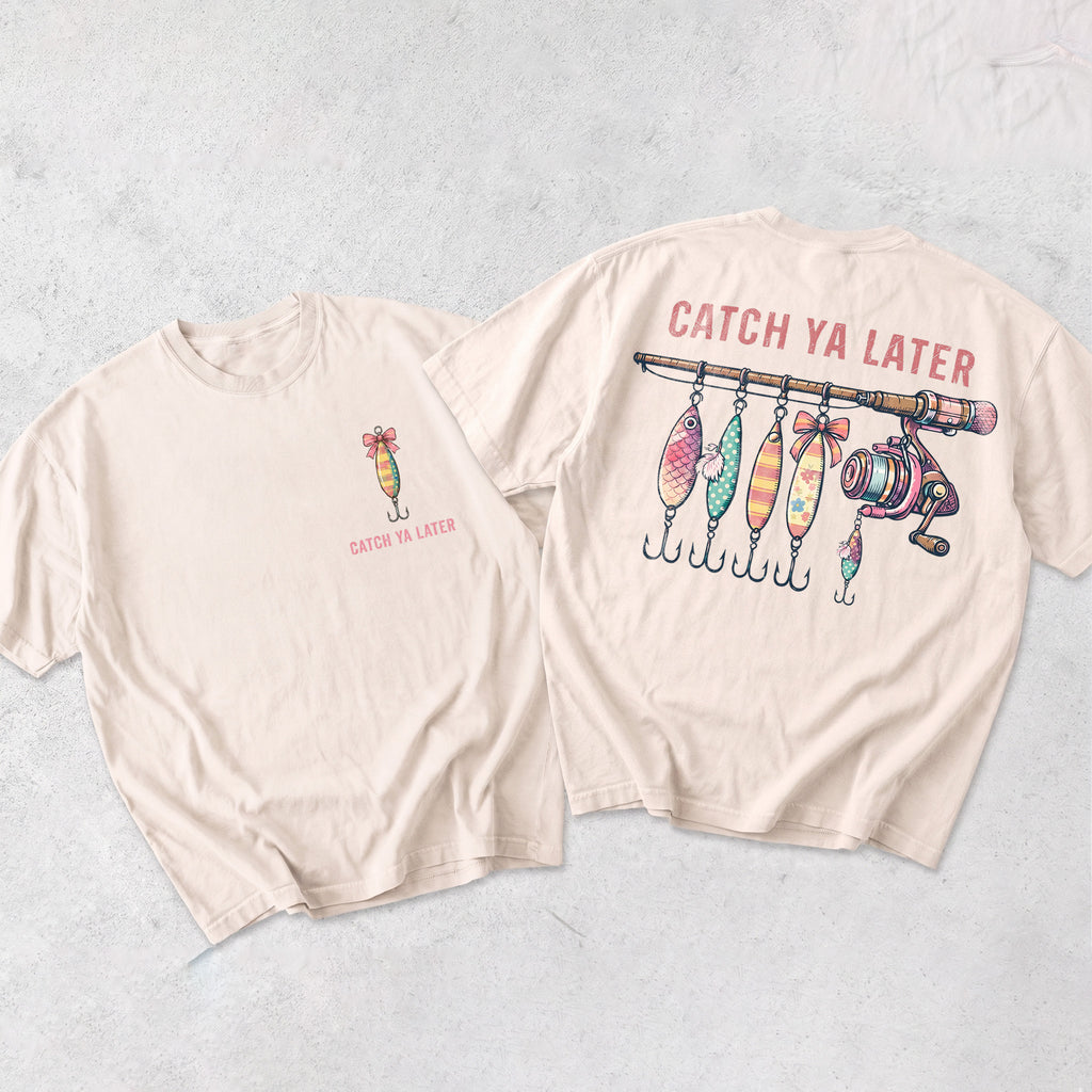 BojjiCo Catcher Ya Later Fishing T-Shirt Cute Catch Ya Later Graphic Tee Coquette Fishing Lures Rod Retro Women Fisherman Gift Trendy Summer Beach Oversized T-Shirt Aesthetic Funny Pink Fishing Rod Bow Shirt