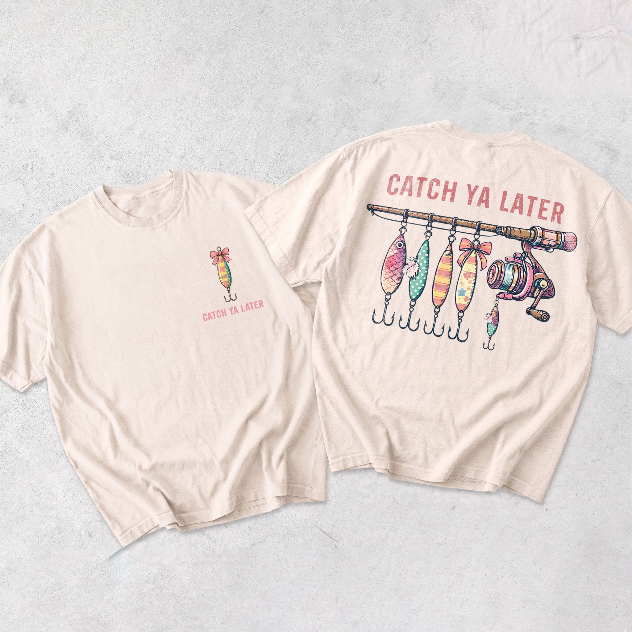 BojjiCo Catcher Ya Later Fishing T-Shirt Cute Catch Ya Later Graphic Tee Coquette Fishing Lures Rod Retro Women Fisherman Gift Trendy Summer Beach Oversized T-Shirt Aesthetic Funny Pink Fishing Rod Bow Shirt