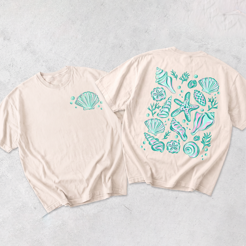 Seashell Girl Trip Graphic Tee T-Shirt For Beachcore Preppy Coastal Aesthetic Cotton Front And Back Coastal Beach Shell Print Vacation Summer Tee Shirt Starfish Top