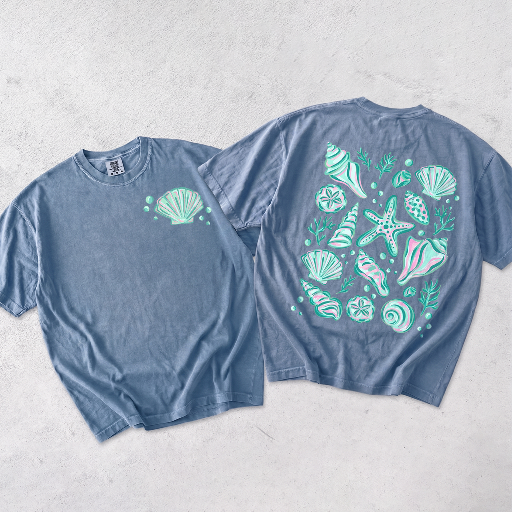 Seashell Girl Trip Graphic Tee T-Shirt For Beachcore Preppy Coastal Aesthetic Cotton Front And Back Coastal Beach Shell Print Vacation Summer Tee Shirt Starfish Top