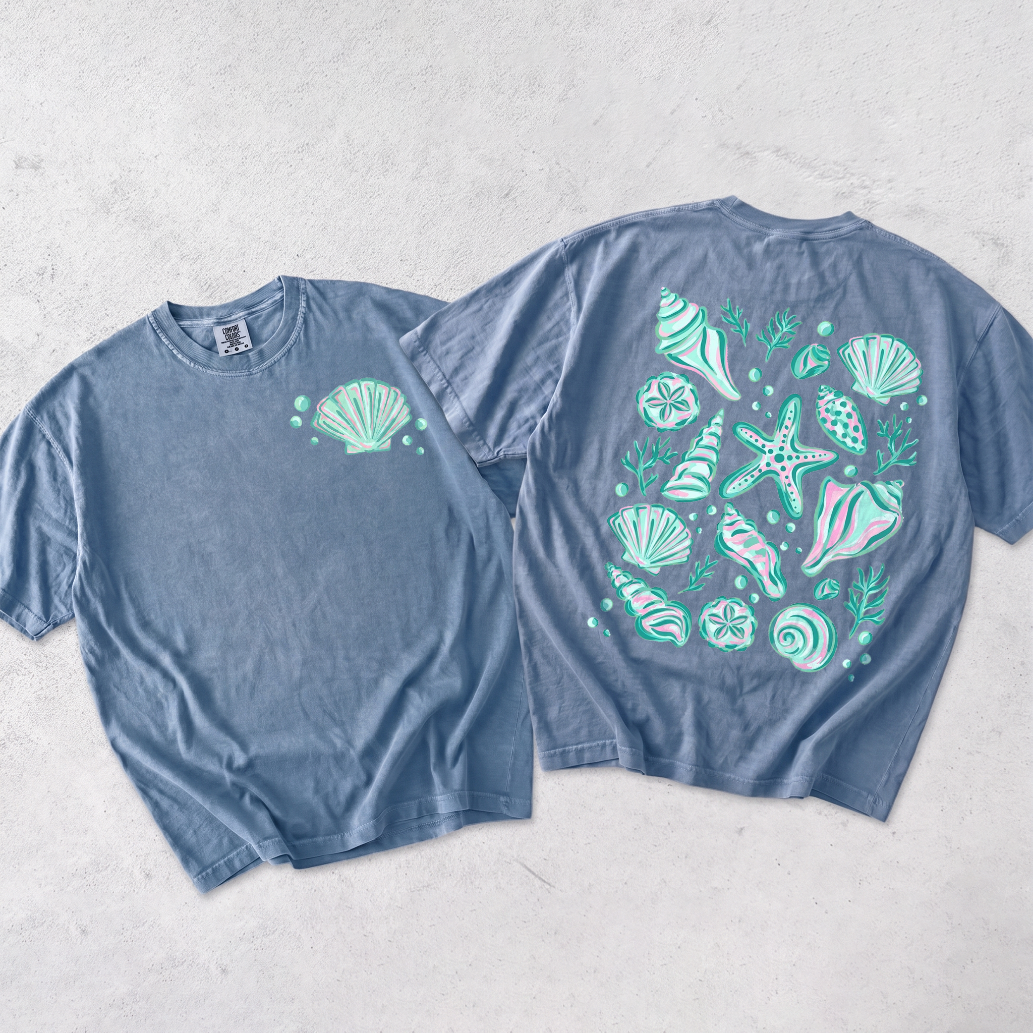 Seashell Girl Trip Graphic Tee T-Shirt For Beachcore Preppy Coastal Aesthetic Cotton Front And Back Coastal Beach Shell Print Vacation Summer Tee Shirt Starfish Top